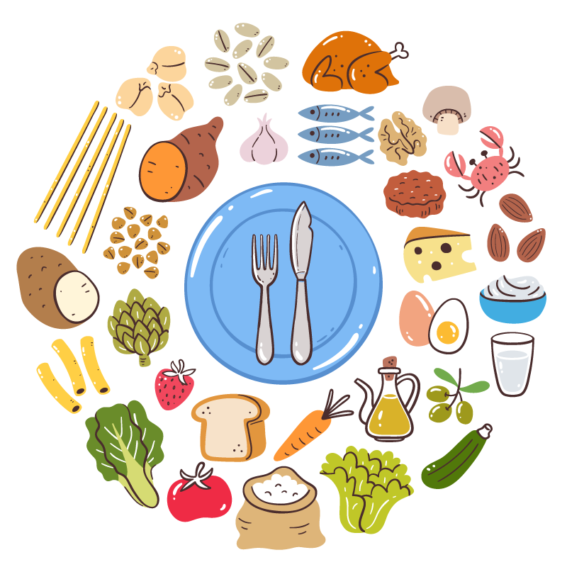 Illustration of various foods around a plate with utensils.